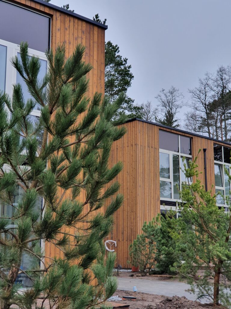 merevaigu tooni põletatud puidust eramaja fassaad