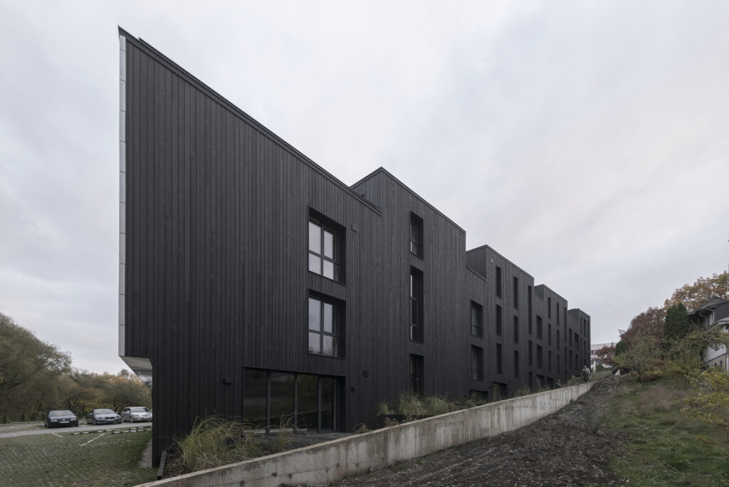 must põletatud lehis kortermaja fassaad